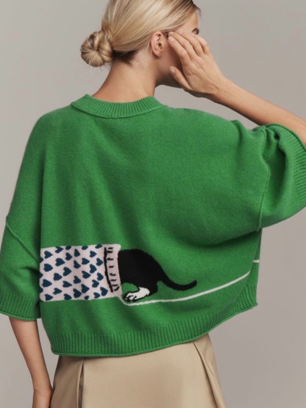 Anthropologie Goldie Cashmere Dachshund Sweater XL Green Intarsia Knit - Picture 3 of 8